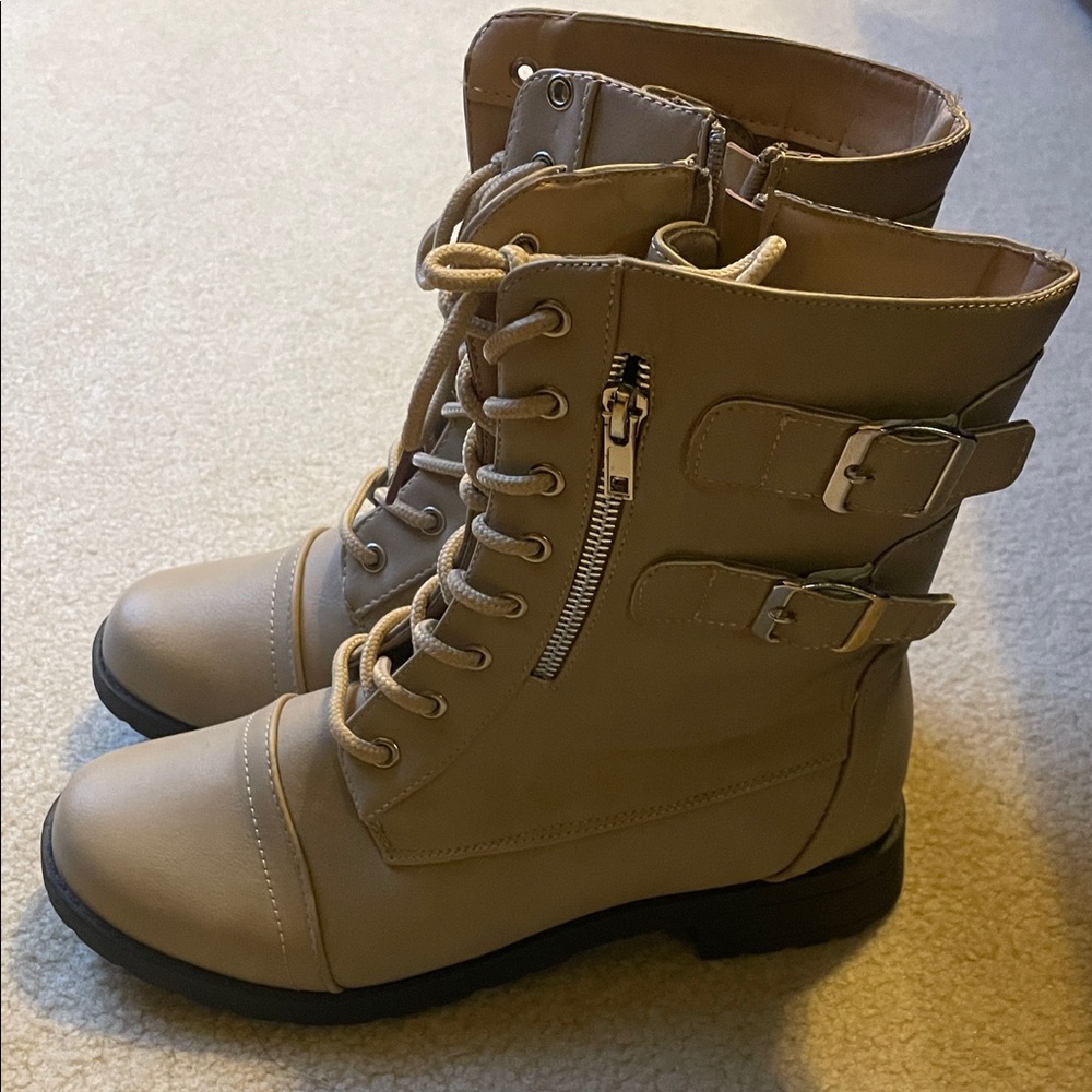 Tan Lace-Up Ankle Boots with Buckles
